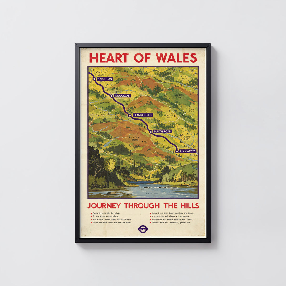 Vintage Heart of Wales Railway Print Poster, Welsh Hills