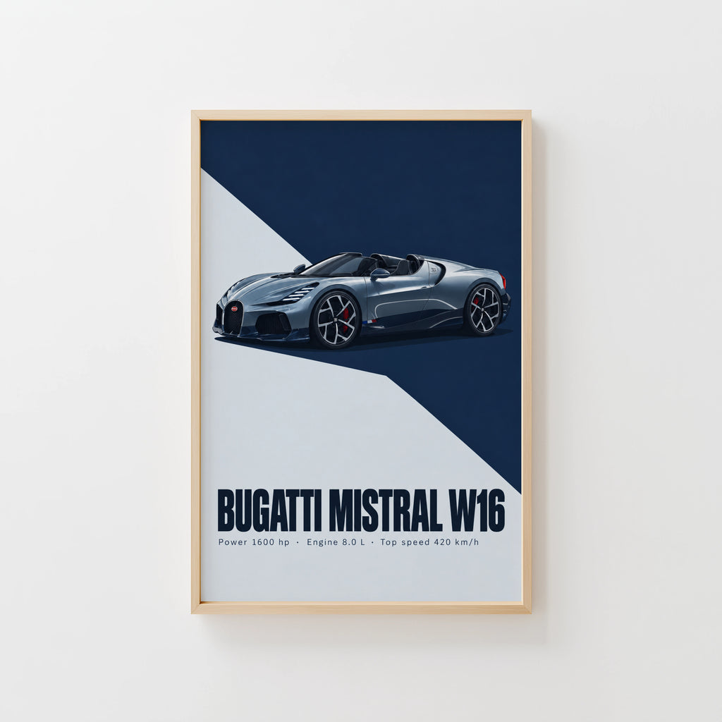 Vintage Bugatti Mistral W16 Print, Supercar Art