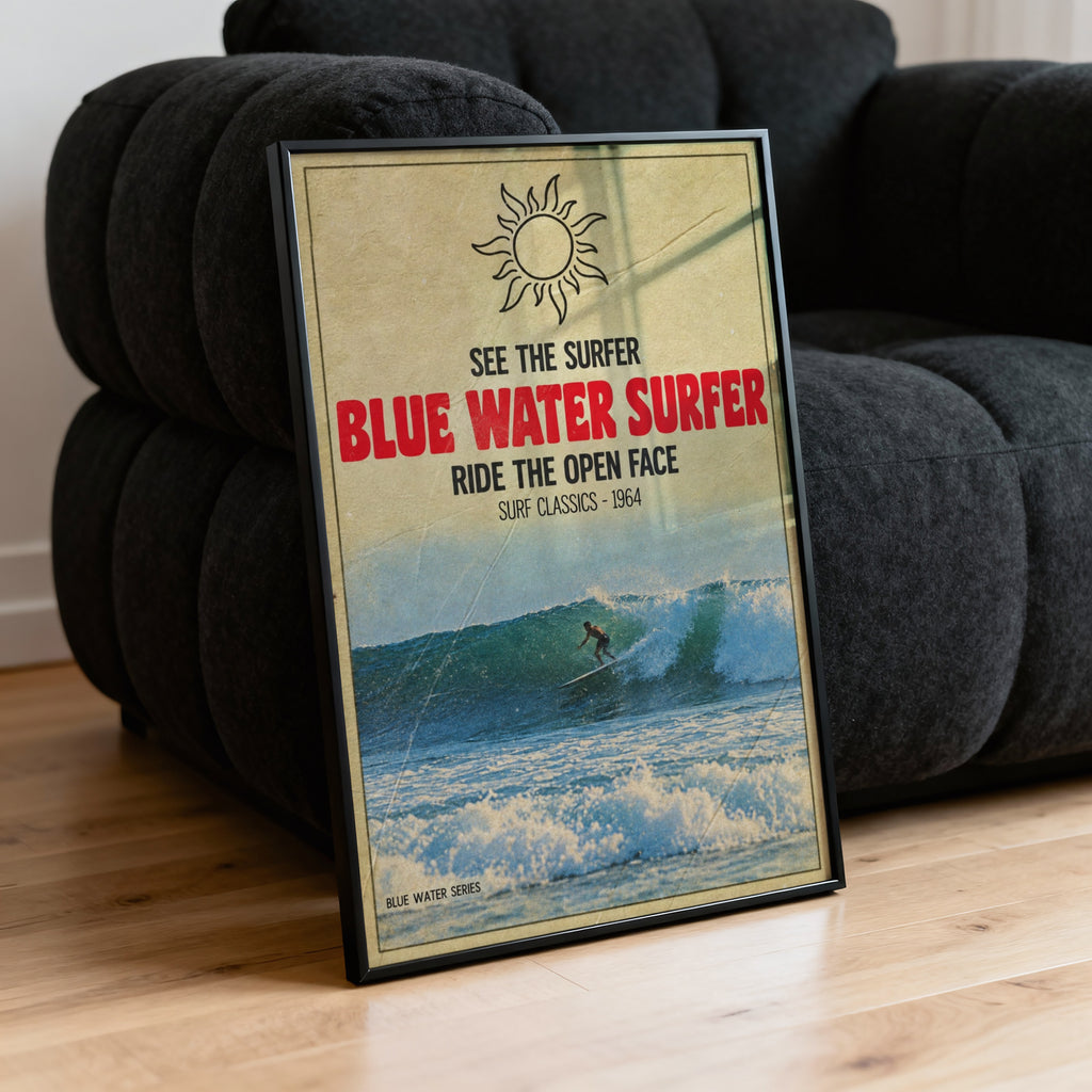 Vintage Blue Water Surfer Print, Surf Poster 1964