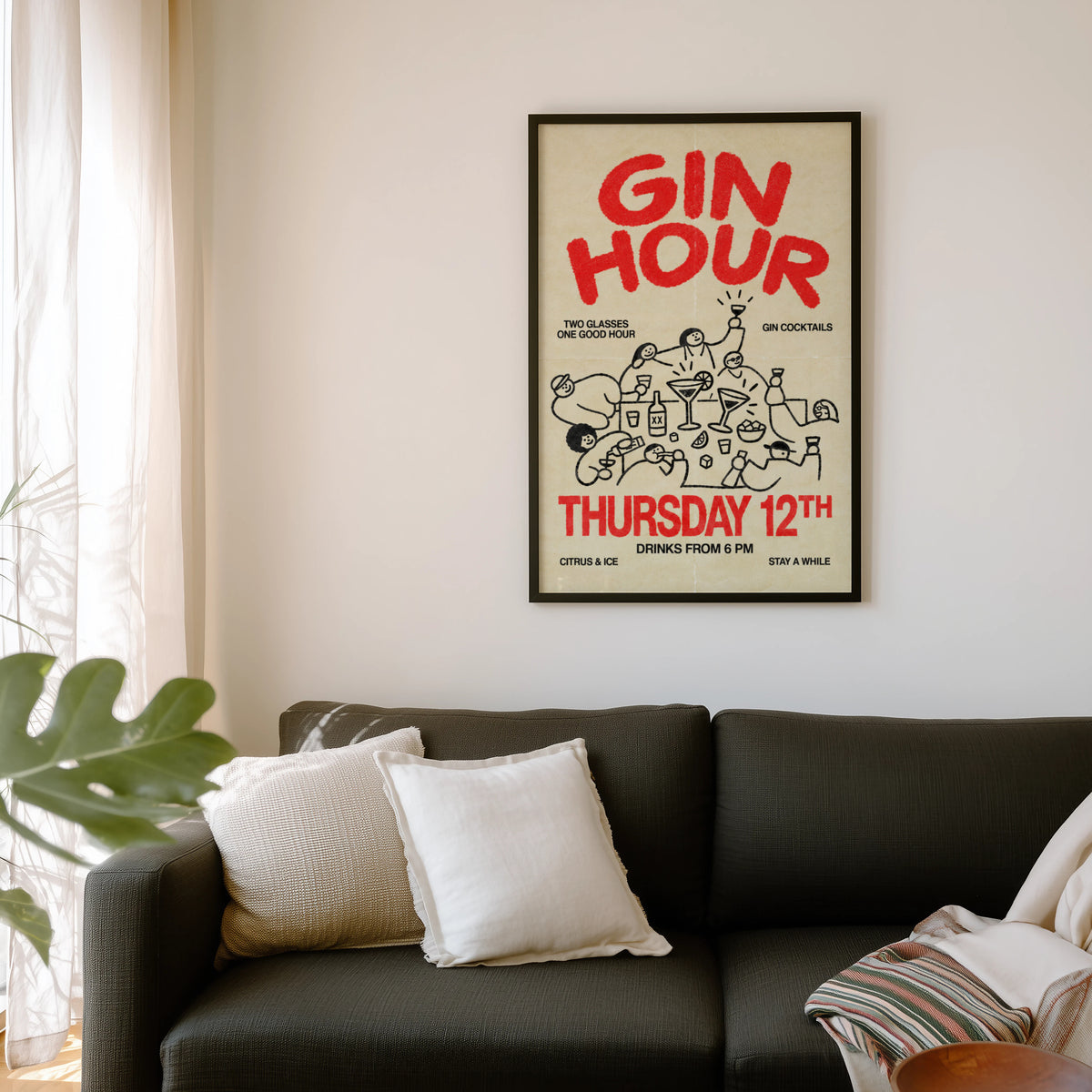 Vintage Gin Hour Print Poster, Cocktail Wall Art