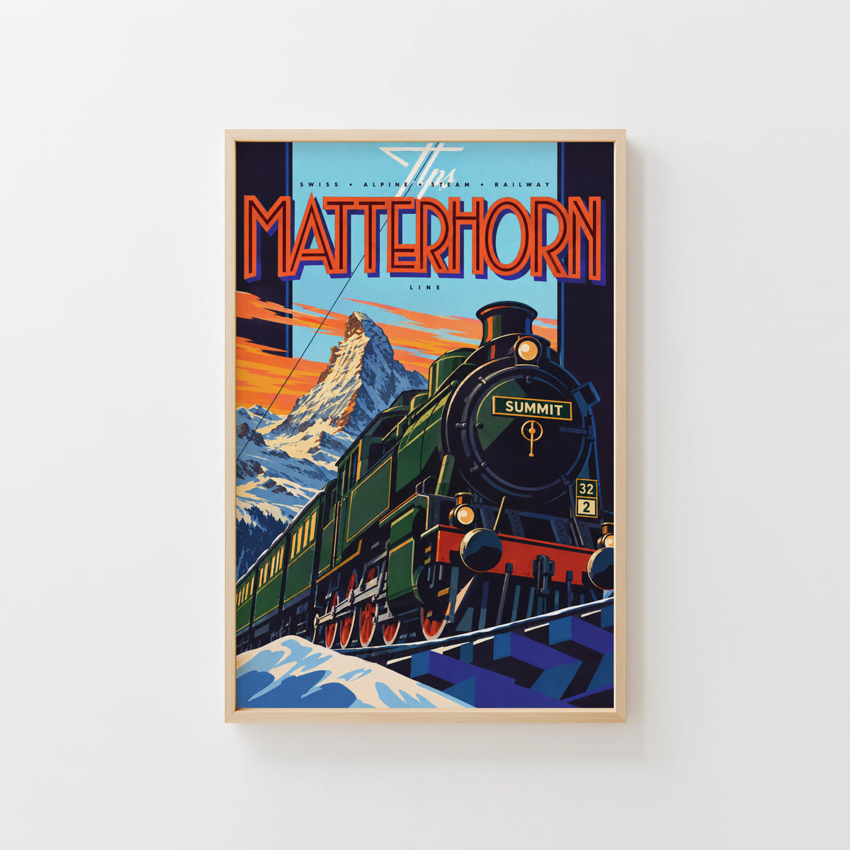 Vintage Matterhorn Train Print Poster, Swiss Alps Wall Art