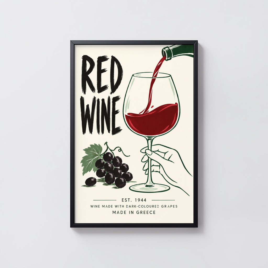 Vintage Red Wine Print Poster, Kitchen Wall Art, Greece