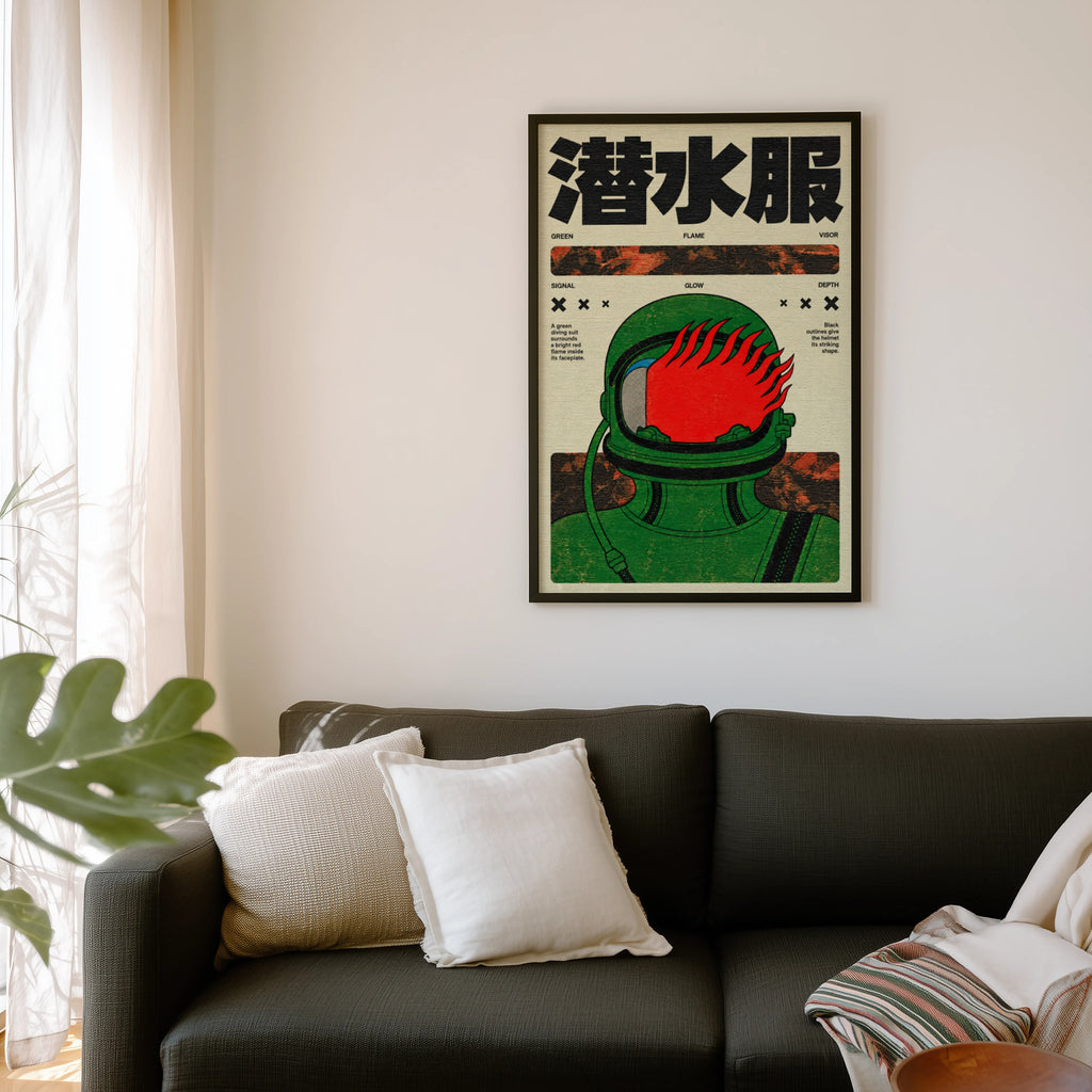 Vintage Japanese Diving Suit Print, Retro Flame Poster