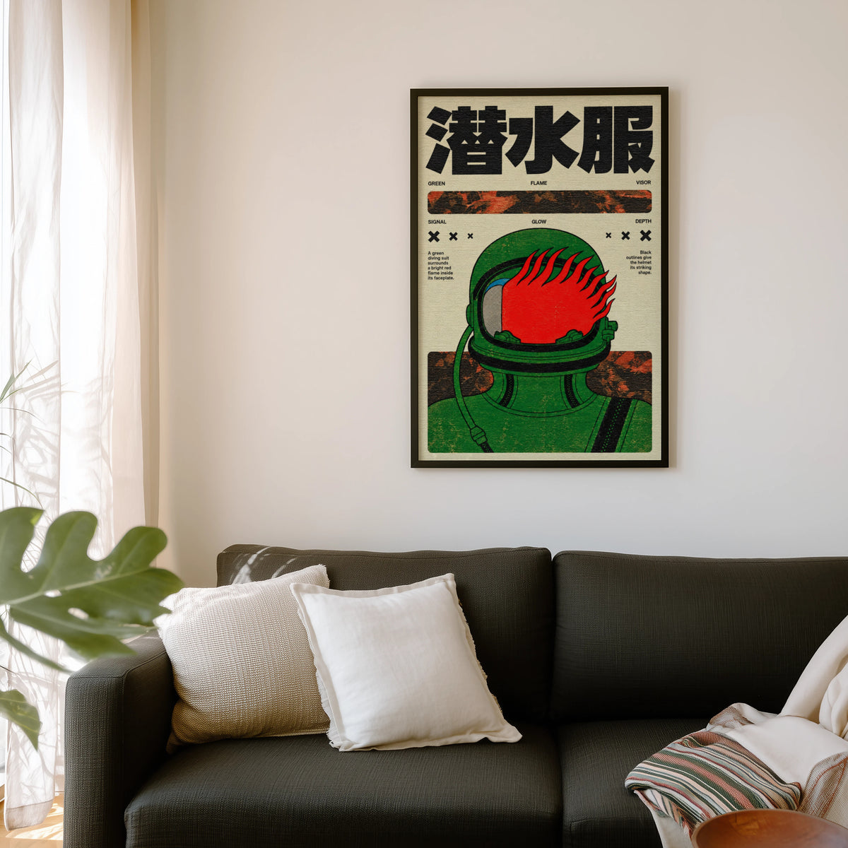 Vintage Japanese Diving Suit Print, Retro Flame Poster
