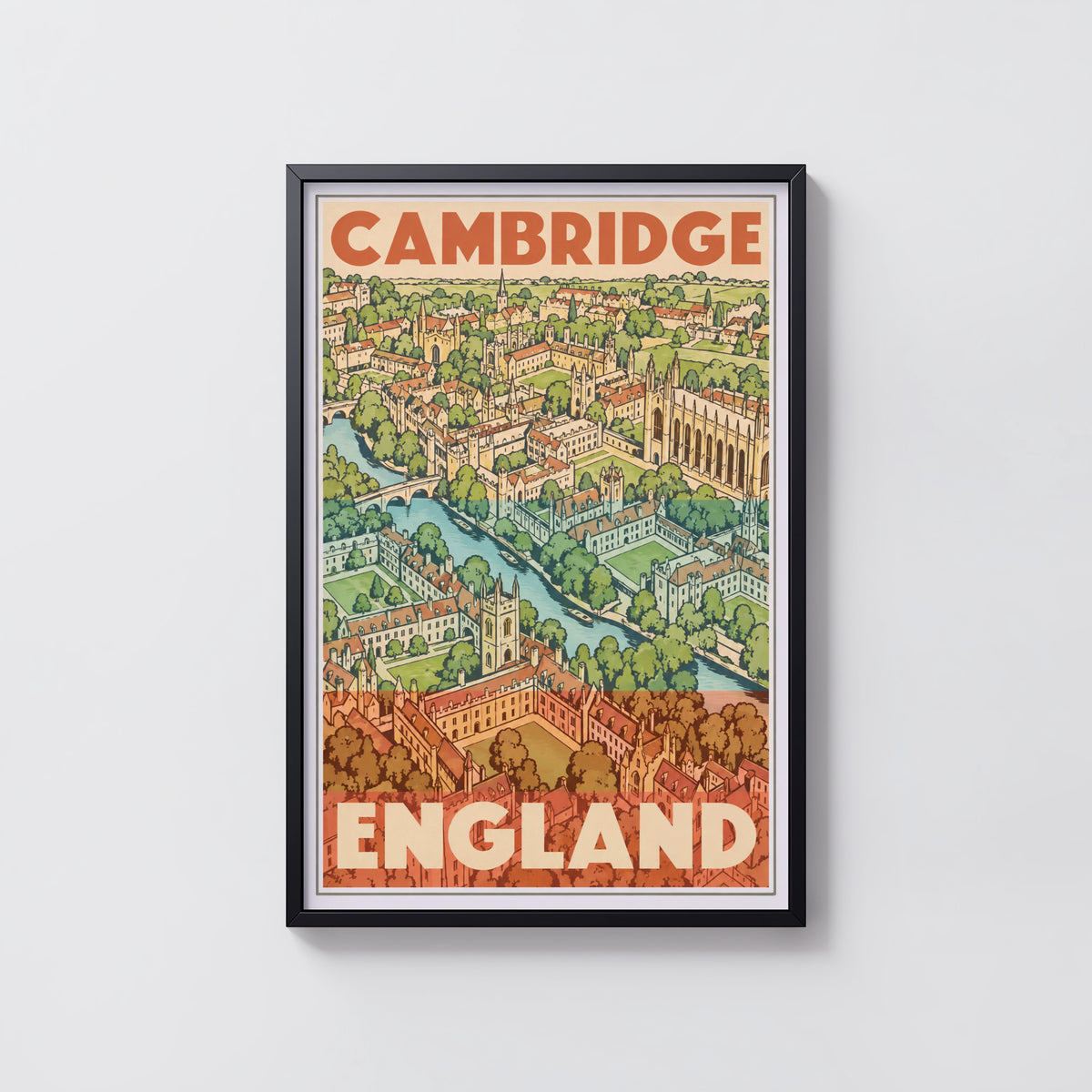 Vintage Cambridge England Poster, Travel Wall Art Print