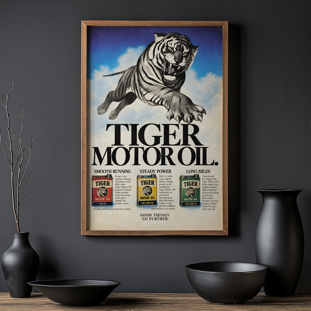 Vintage Tiger Poster, Motor Oil Advert Wall Art, Print