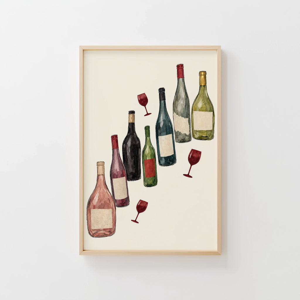 Vintage Wine Bottles Print Poster, Kitchen Wall Art