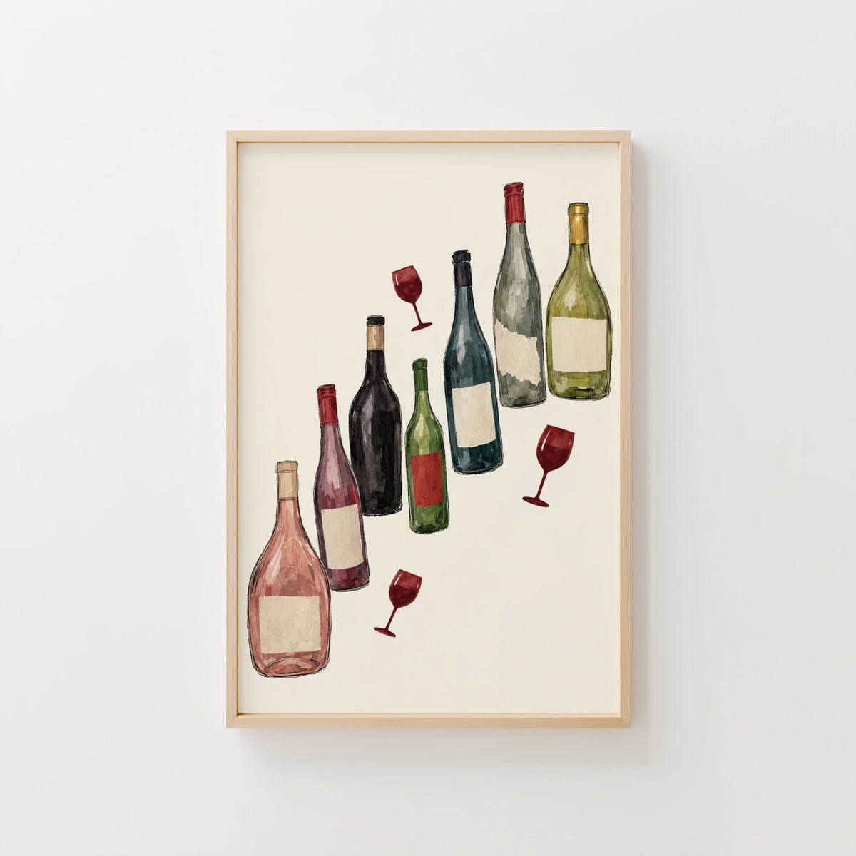 Vintage Wine Bottles Print Poster, Kitchen Wall Art