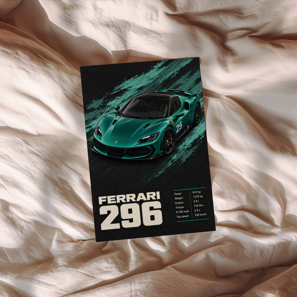 Vintage Ferrari 296 Print, Teal Car Wall Art