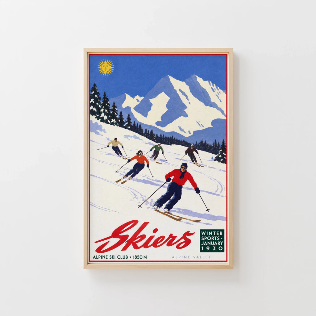 Vintage 1930 Alpine Ski Club Skiers Print, Winter Poster