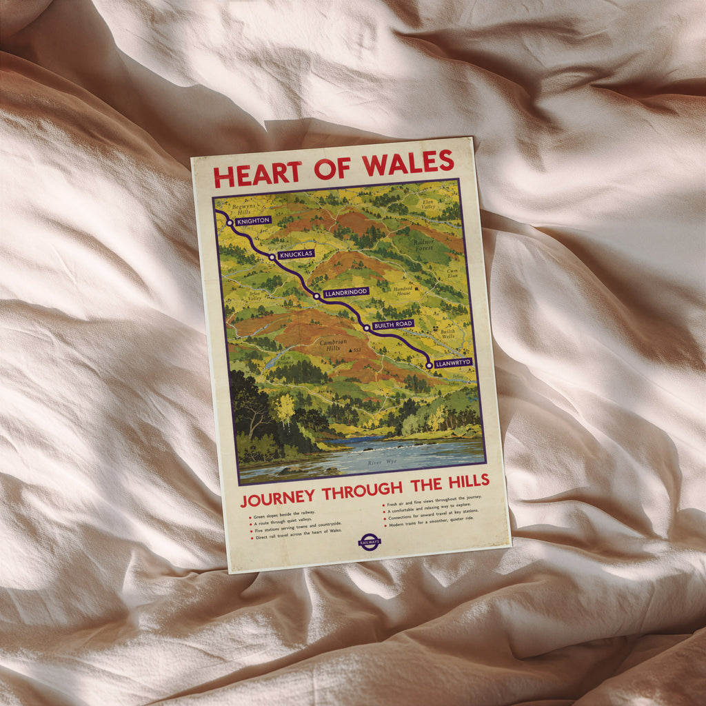 Vintage Heart of Wales Railway Print Poster, Welsh Hills