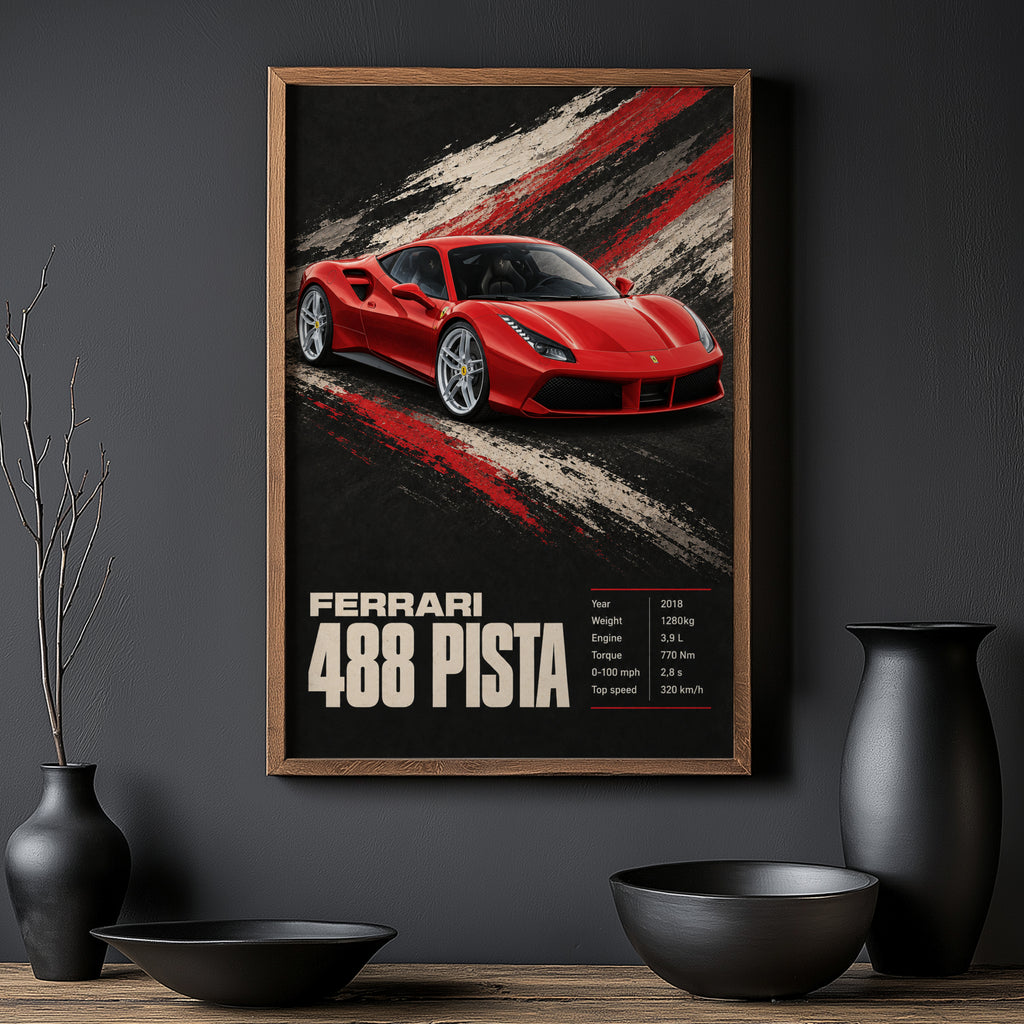 Vintage Ferrari 488 Pista Print, Car Wall Art
