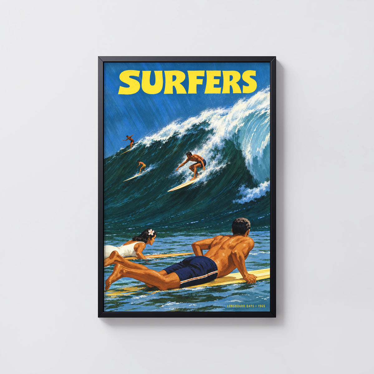 Vintage Surf Print Poster, Longboard Surfers Wave Art