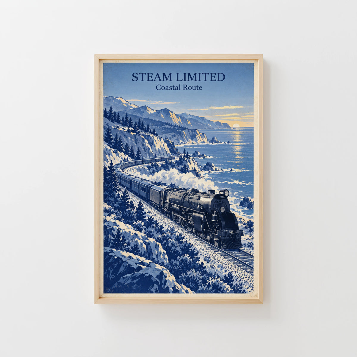 Vintage Steam Train Print Poster, Coastal Wall Art