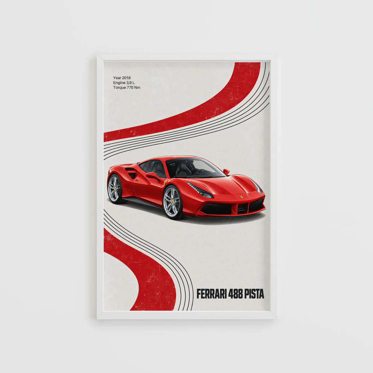 Vintage Ferrari 488 Pista Print, Red Supercar Art