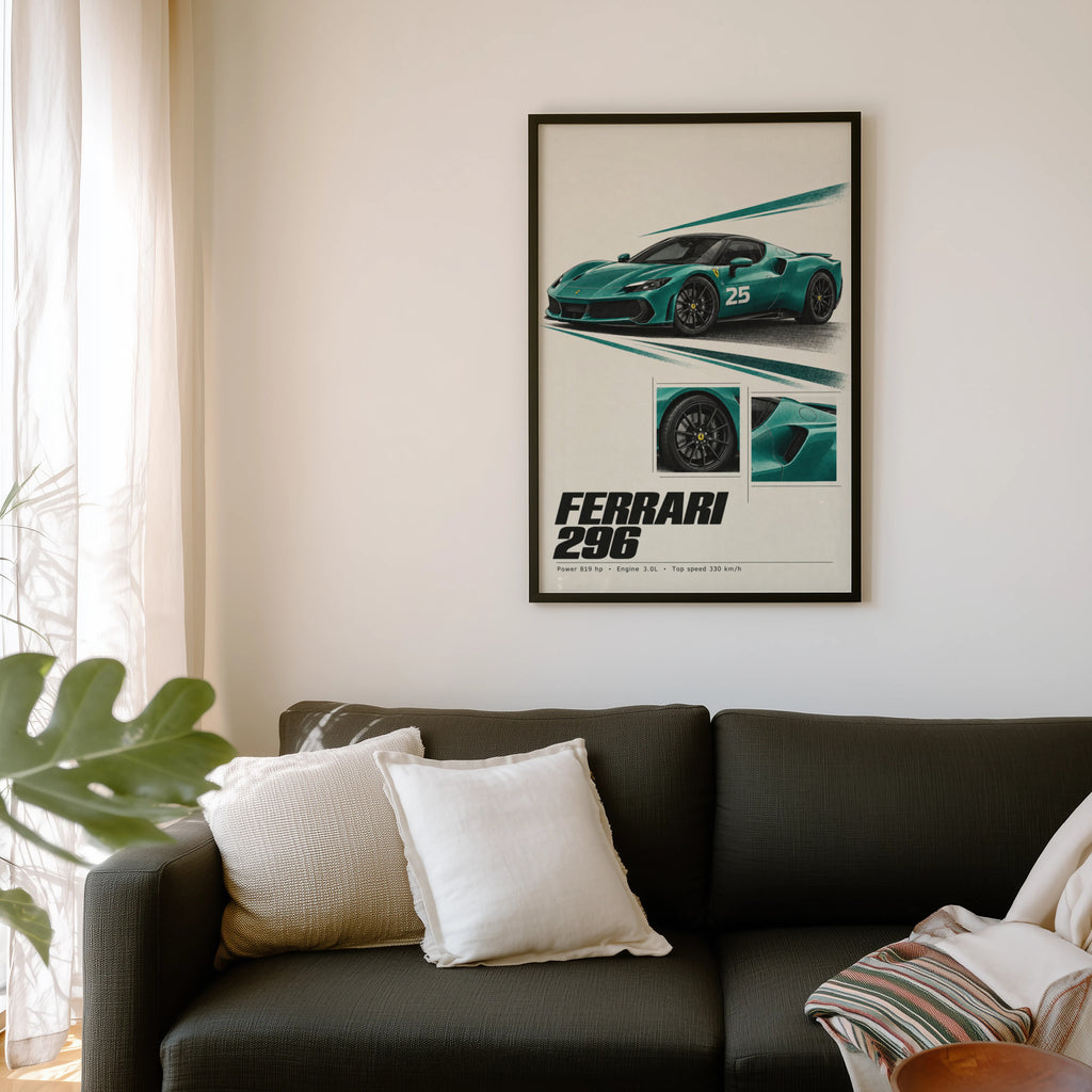 Vintage Ferrari 296 Print, Teal Supercar Wall Art