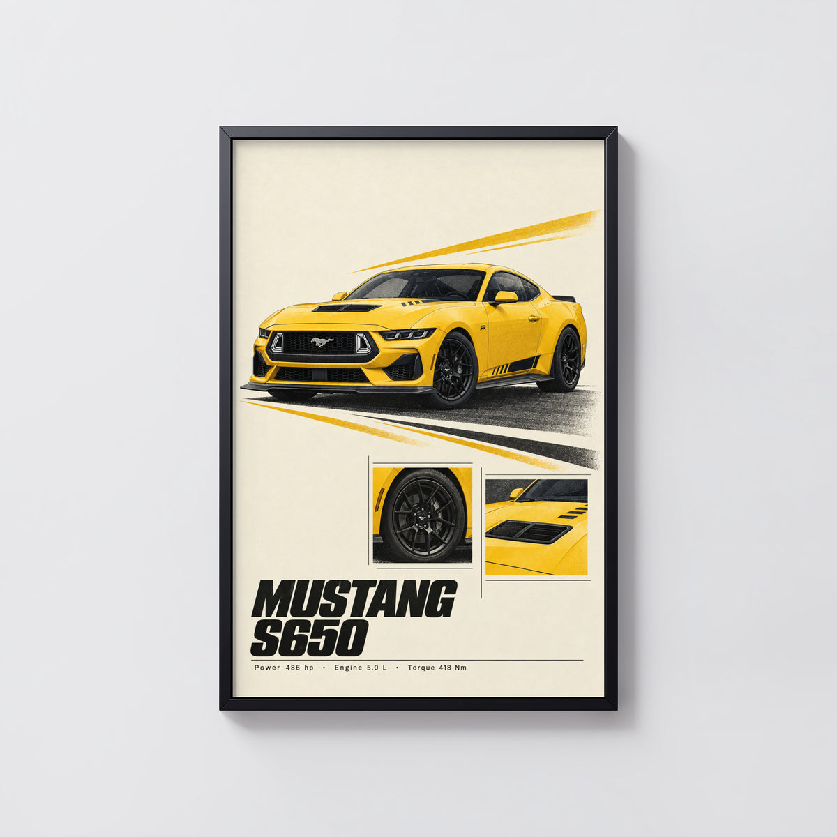 Vintage Mustang Print, Yellow Muscle Car Wall Art