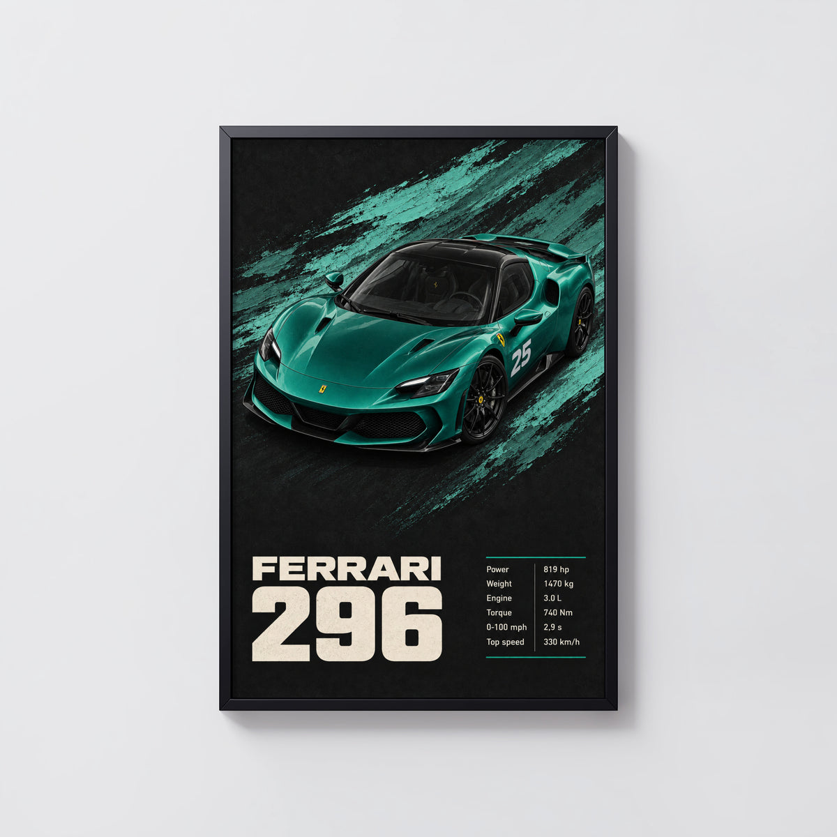 Vintage Ferrari 296 Print, Teal Car Wall Art