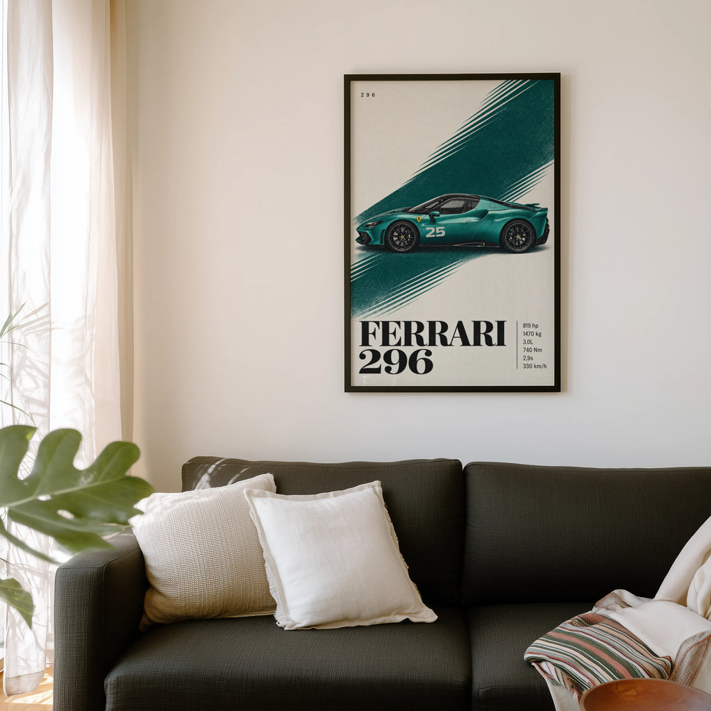 Vintage Ferrari 296 Print, Teal Supercar Wall Art