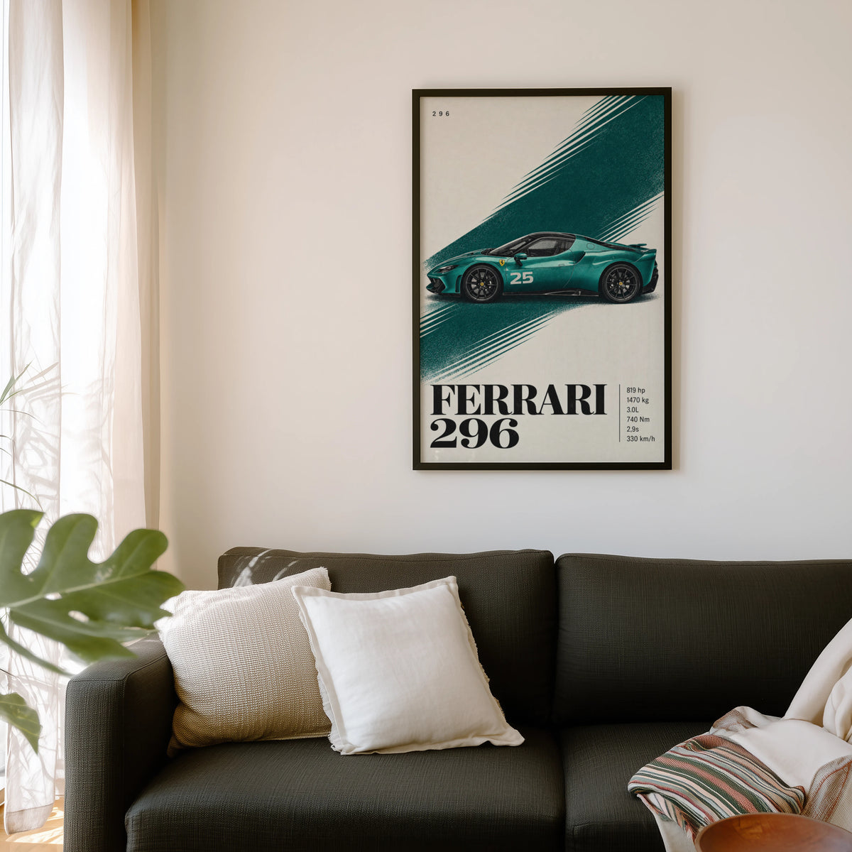 Vintage Ferrari 296 Print, Teal Supercar Wall Art