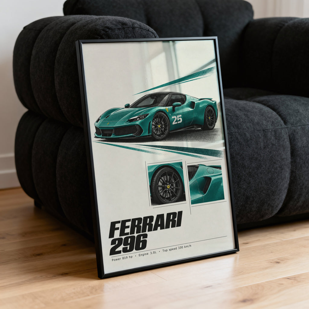 Vintage Ferrari 296 Print, Teal Supercar Wall Art