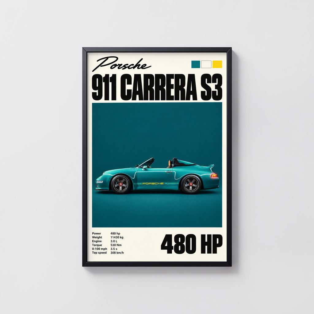 Vintage Porsche 911 Carrera S3 Print, Teal Car Art