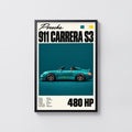 Vintage Porsche 911 Carrera S3 Print, Teal Car Art
