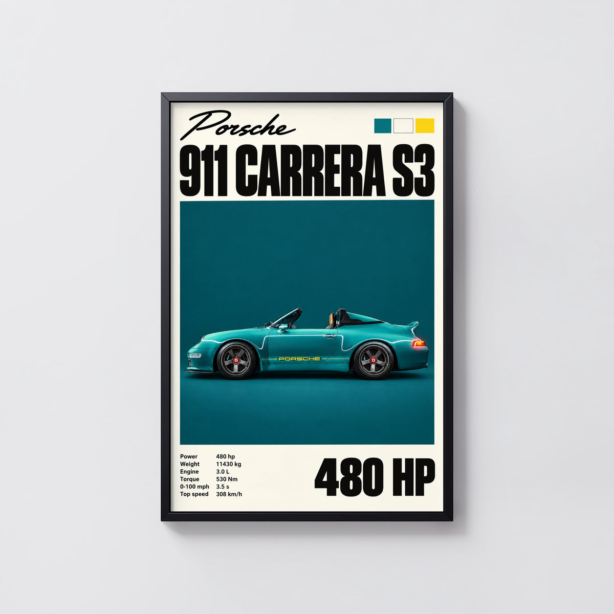Vintage Porsche 911 Carrera S3 Print, Teal Car Art