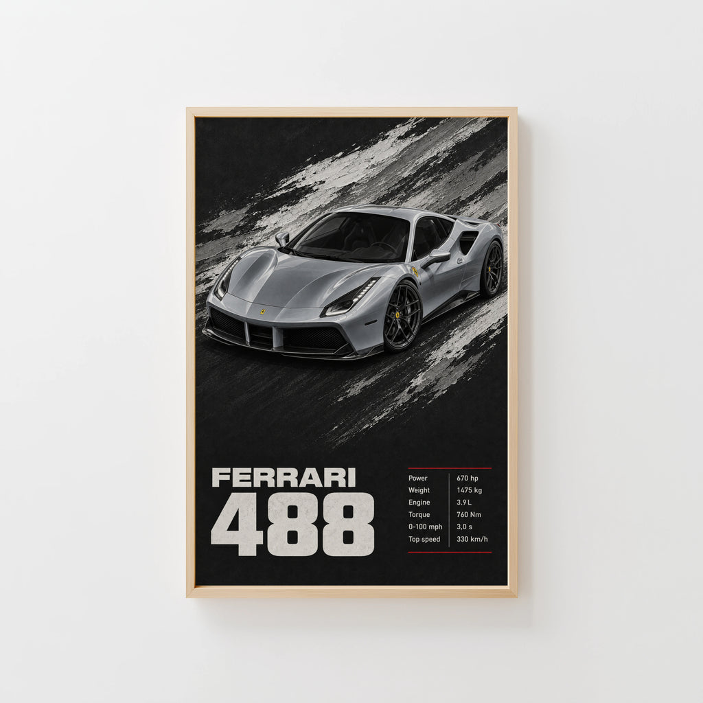 Vintage Ferrari 488 Print, Supercar Wall Art
