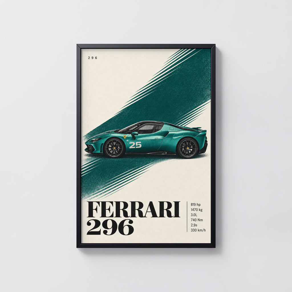 Vintage Ferrari 296 Print, Teal Supercar Wall Art