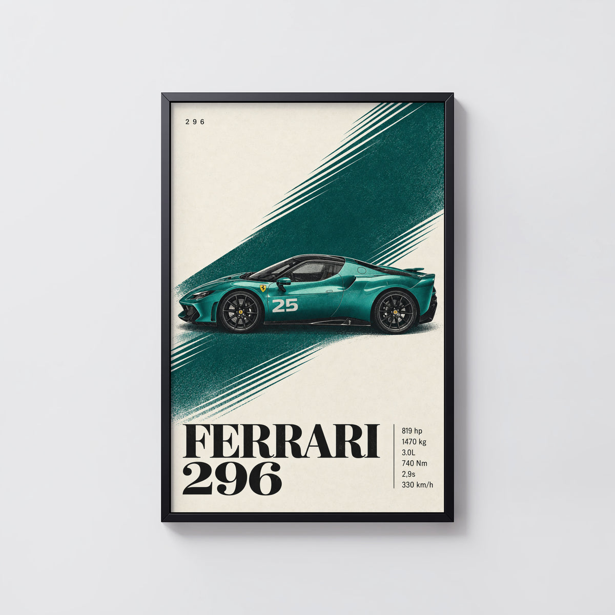 Vintage Ferrari 296 Print, Teal Supercar Wall Art