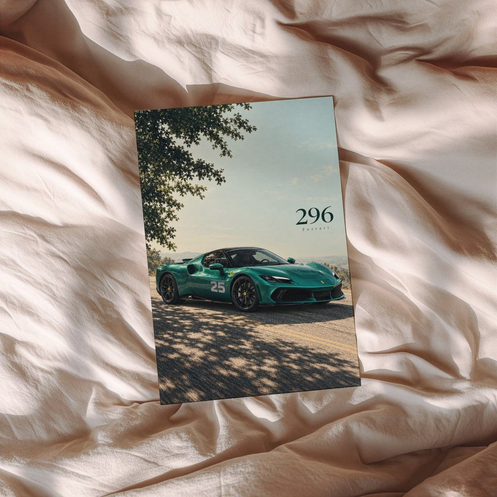 Vintage Ferrari 296 Car Print, Teal Green Wall Art