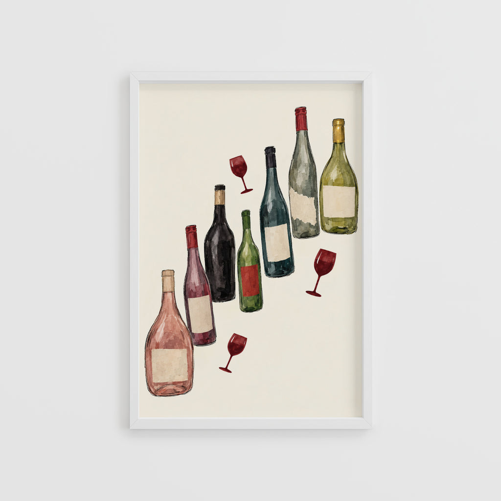 Vintage Wine Bottles Print Poster, Kitchen Wall Art