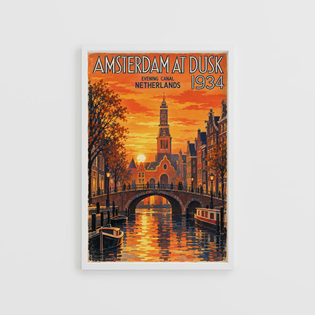 Vintage Amsterdam Poster, Canal Sunset Wall Art, Print