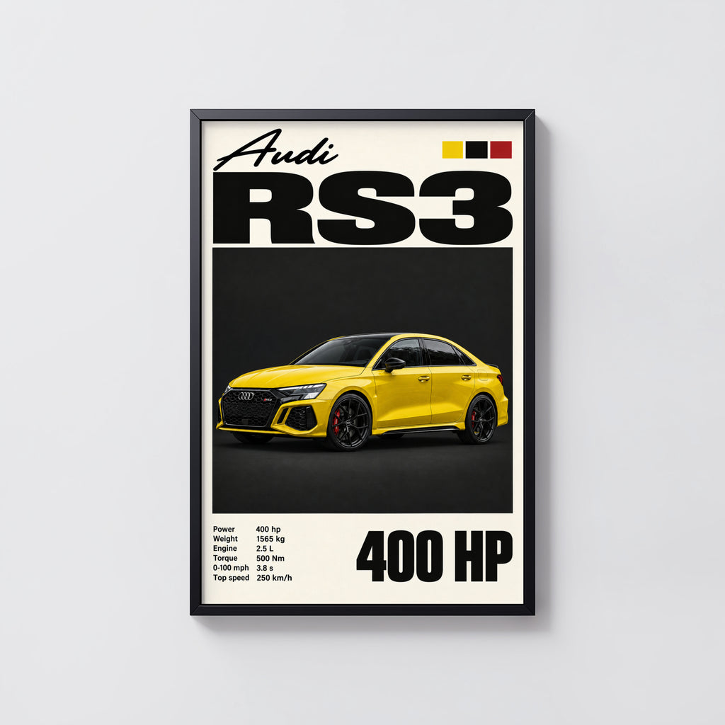 Vintage Audi RS3 Print, Yellow Car Wall Art