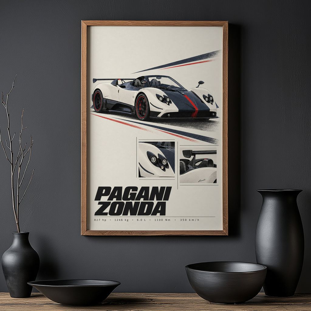 Vintage Pagani Zonda Print, Supercar Wall Art