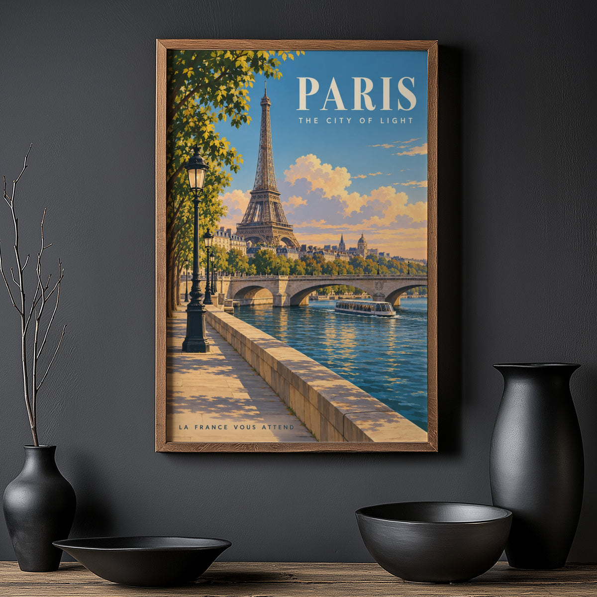 Vintage Paris Poster, Eiffel Tower Wall Art, Seine Print